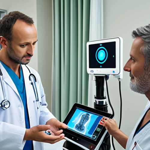 Home 25 ** Advanced robot with high-resolution cameras and touch sensors, interacting with a human doctor in a modern hospital setting. Focus on advanced sensors and AI.
**
