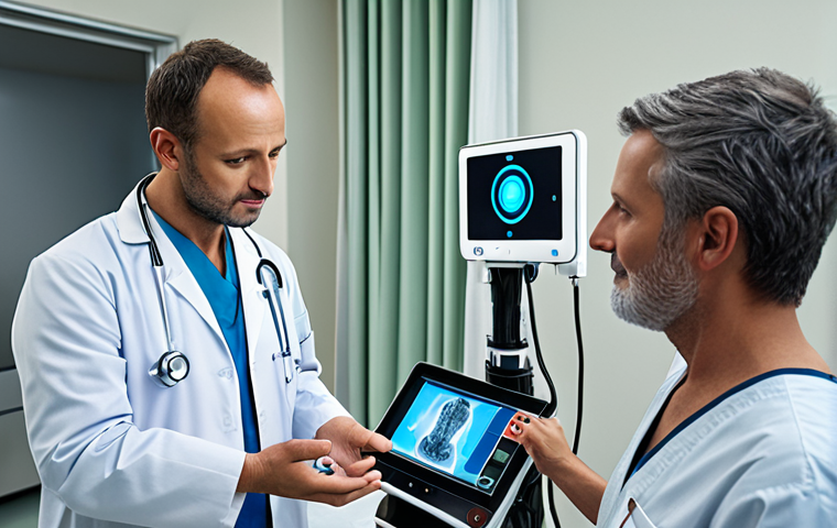 ** Advanced robot with high-resolution cameras and touch sensors, interacting with a human doctor in a modern hospital setting. Focus on advanced sensors and AI.

**