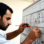 **Prompt 1: Theoretical Mastery & Problem Solving**
    A highly detailed, realistic image of a focused Arab male electrical technician, mid-shot, in a well-lit modern workshop. He is intently examining an electrical blueprint or complex circuit diagram laid out on a workbench, with a thoughtful expression. In the background, subtle schematics or mathematical formulas (like Ohm's Law) are visible on a whiteboard, suggesting deep theoretical understanding. His hand is poised, perhaps holding a multimeter probe, bridging the gap between abstract knowledge and practical application. The overall mood is intelligent, analytical, and professional, emphasizing the critical role of foundational principles in troubleshooting.