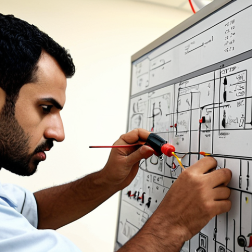 Home 24 **Prompt 1: Theoretical Mastery & Problem Solving**
A highly detailed, realistic image of a focused Arab male electrical technician, mid-shot, in a well-lit modern workshop. He is intently examining an electrical blueprint or complex circuit diagram laid out on a workbench, with a thoughtful expression. In the background, subtle schematics or mathematical formulas (like Ohm's Law) are visible on a whiteboard, suggesting deep theoretical understanding. His hand is poised, perhaps holding a multimeter probe, bridging the gap between abstract knowledge and practical application. The overall mood is intelligent, analytical, and professional, emphasizing the critical role of foundational principles in troubleshooting.