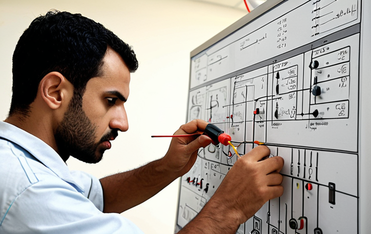 **Prompt 1: Theoretical Mastery & Problem Solving**
    A highly detailed, realistic image of a focused Arab male electrical technician, mid-shot, in a well-lit modern workshop. He is intently examining an electrical blueprint or complex circuit diagram laid out on a workbench, with a thoughtful expression. In the background, subtle schematics or mathematical formulas (like Ohm's Law) are visible on a whiteboard, suggesting deep theoretical understanding. His hand is poised, perhaps holding a multimeter probe, bridging the gap between abstract knowledge and practical application. The overall mood is intelligent, analytical, and professional, emphasizing the critical role of foundational principles in troubleshooting.