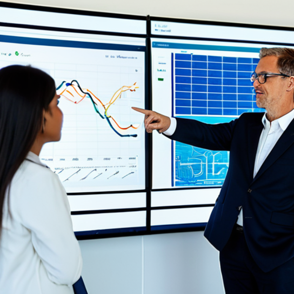 A professional electrical engineer, fully clothed in a modest business suit, stands in a modern, brightly lit smart grid control center. Large screens display real-time energy flow data and renewable energy statistics. The engineer is pointing at a screen, engaging in a professional discussion with a diverse, fully clothed team of colleagues, showcasing visionary technical leadership and innovation in clean energy. The scene embodies a safe for work, appropriate content, family-friendly environment with perfect anatomy, correct proportions, well-formed hands, and natural body proportions, captured with professional photography, high quality.