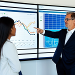 A professional electrical engineer, fully clothed in a modest business suit, stands in a modern, brightly lit smart grid control center. Large screens display real-time energy flow data and renewable energy statistics. The engineer is pointing at a screen, engaging in a professional discussion with a diverse, fully clothed team of colleagues, showcasing visionary technical leadership and innovation in clean energy. The scene embodies a safe for work, appropriate content, family-friendly environment with perfect anatomy, correct proportions, well-formed hands, and natural body proportions, captured with professional photography, high quality.