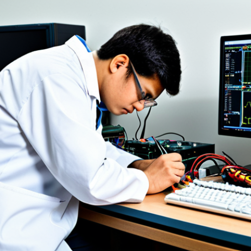 Home 22 A focused electronics technician, fully clothed in professional work attire including a modest lab coat and safety glasses, meticulously working at a clean, well-organized workbench. His perfect anatomy and natural pose are shown as his well-formed hands, with proper finger count and correct proportions, carefully manipulate a circuit board with a soldering iron. A digital multimeter and an oscilloscope are nearby, and a modern computer monitor in the background displays complex schematics with subtle lines of code, indicating digital integration. The scene emphasizes precision and problem-solving. Safe for work, appropriate content, fully clothed, professional, natural body proportions, high-quality photography.