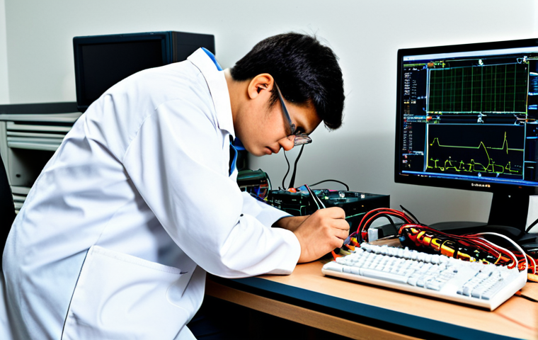 A focused electronics technician, fully clothed in professional work attire including a modest lab coat and safety glasses, meticulously working at a clean, well-organized workbench. His perfect anatomy and natural pose are shown as his well-formed hands, with proper finger count and correct proportions, carefully manipulate a circuit board with a soldering iron. A digital multimeter and an oscilloscope are nearby, and a modern computer monitor in the background displays complex schematics with subtle lines of code, indicating digital integration. The scene emphasizes precision and problem-solving. Safe for work, appropriate content, fully clothed, professional, natural body proportions, high-quality photography.
