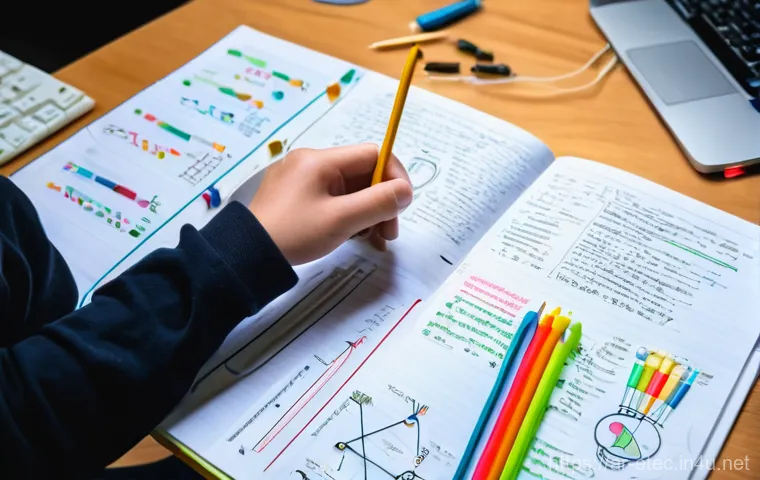 전자기술사 필기시험 마무리 학습 팁 - **Prompt 1: Focused Study with Mind Maps**
"A wide shot of a neatly organized study desk in a br...