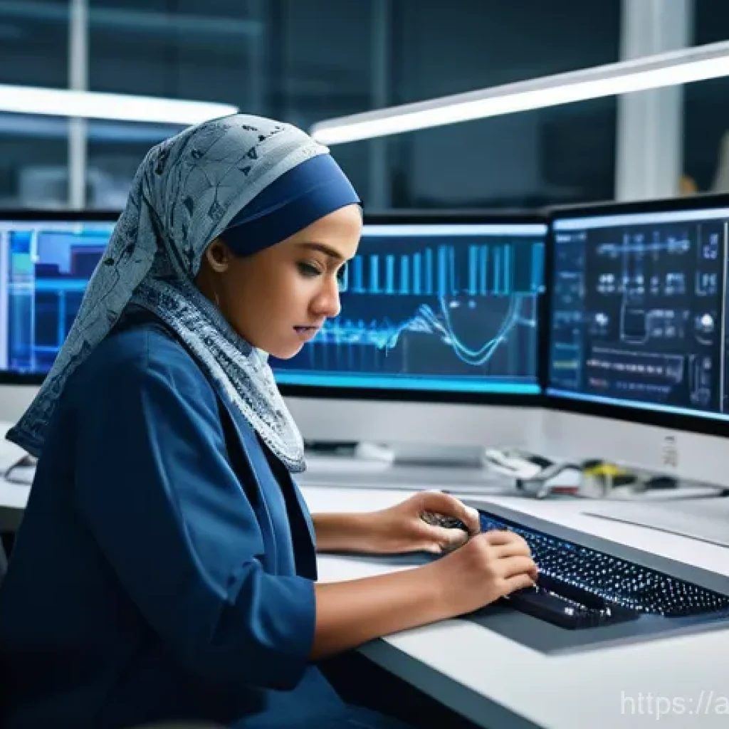 전자기술사와 디지털 회로 설계 원리 - A focused female electronics engineer, in her late 20s, wearing a professional lab coat and a stylis...
