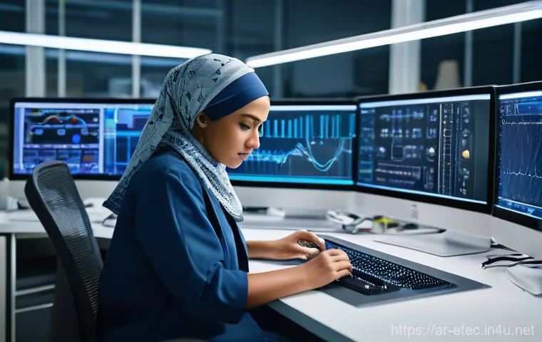 전자기술사와 디지털 회로 설계 원리 - A focused female electronics engineer, in her late 20s, wearing a professional lab coat and a stylis...
