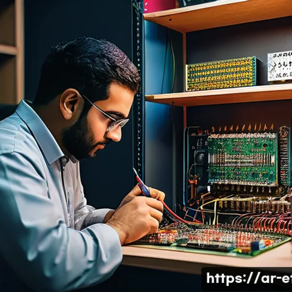 전자기술사와 전자기기 고장 진단 사례 - A detailed scene of an Arab electronics technician in a modern workshop, carefully testing a circuit...