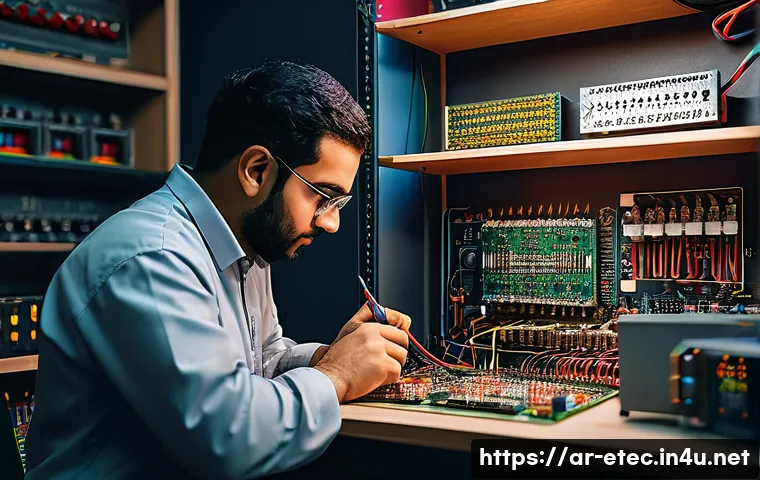 전자기술사와 전자기기 고장 진단 사례 - A detailed scene of an Arab electronics technician in a modern workshop, carefully testing a circuit...