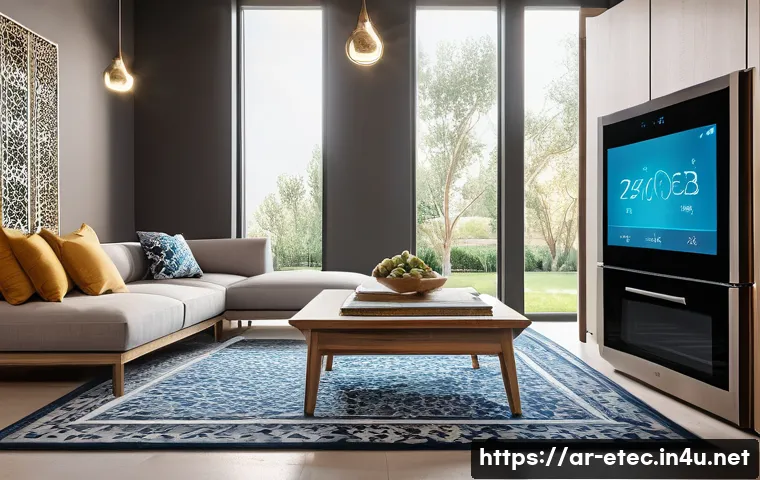 전자기술사와 최신 IT 기술의 접목 - A modern Middle Eastern living room featuring an integrated smart home system with AI-powered electr...