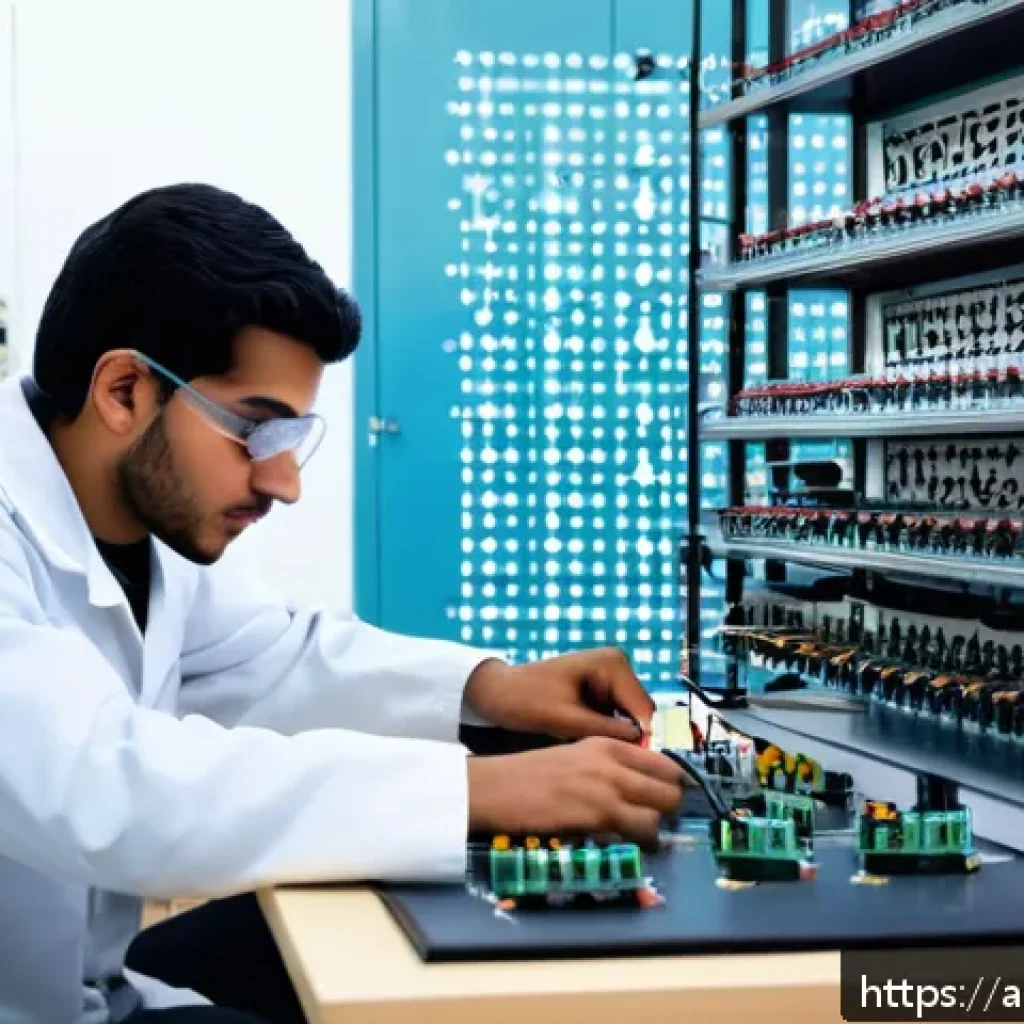 전자기술사 이론과 실제의 차이점 - A detailed scene inside a modern electrical engineering laboratory in an Arabic-speaking country, sh...