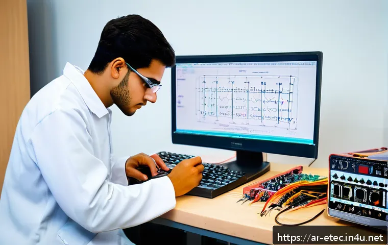 전자기술사 필기시험 전기회로 심화 학습 - A detailed educational laboratory scene in a modern Middle Eastern university setting, featuring a y...
