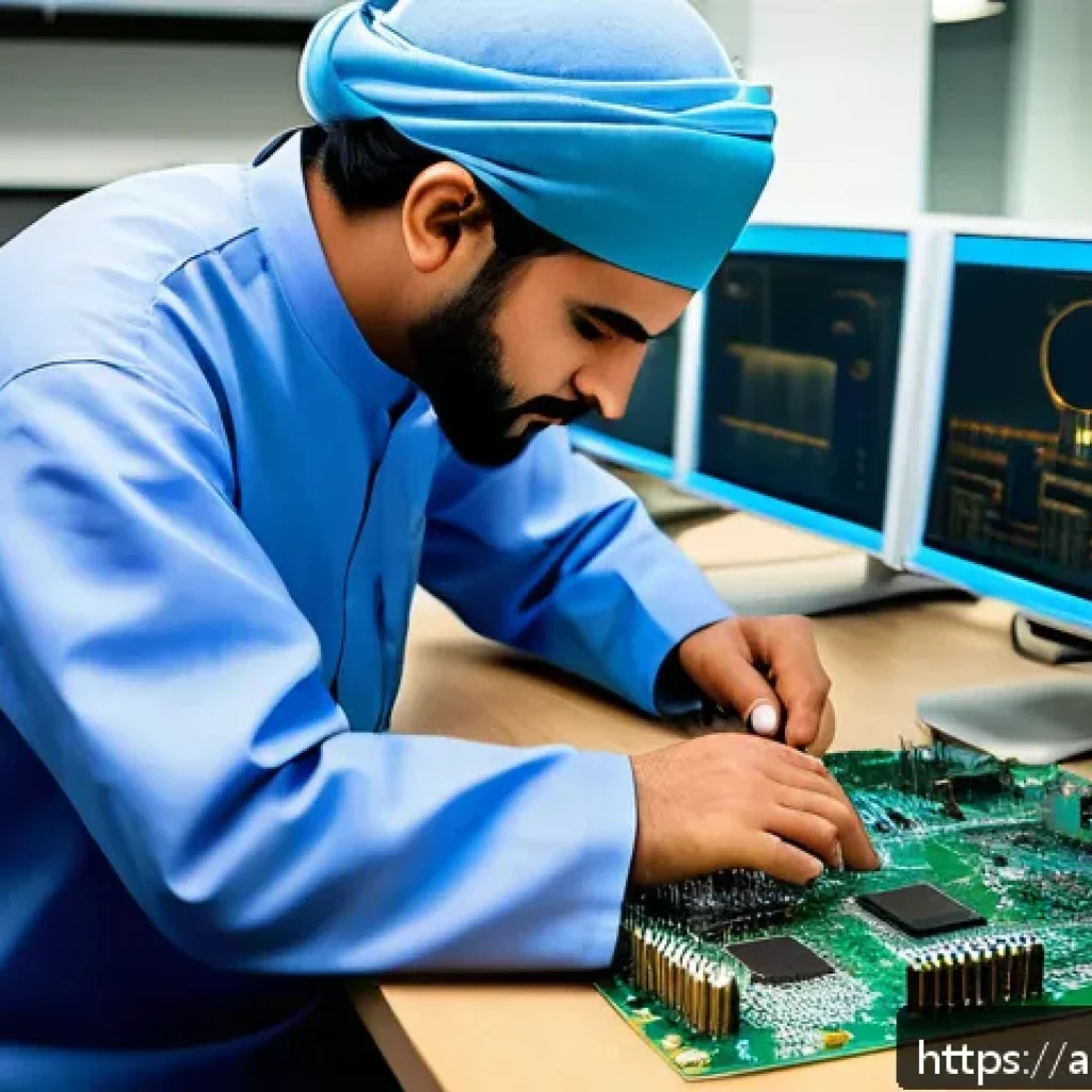 전자기술사 업무 사례 분석 - A highly detailed scene inside an advanced electronics laboratory in an Arabic-speaking country, sho...