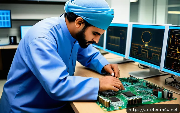 전자기술사 업무 사례 분석 - A highly detailed scene inside an advanced electronics laboratory in an Arabic-speaking country, sho...