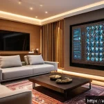 전자기술사와 ICT 기술 융합 사례 - A modern Arab family home interior in the evening with smart home technology visibly integrated: a y...