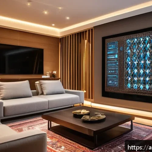 전자기술사와 ICT 기술 융합 사례 - A modern Arab family home interior in the evening with smart home technology visibly integrated: a y...