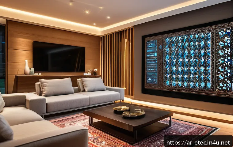 전자기술사와 ICT 기술 융합 사례 - A modern Arab family home interior in the evening with smart home technology visibly integrated: a y...