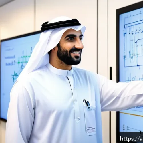 전자기술사와 자격 취득 동기 부여 사례 - A professional Arab electrical engineer in modern office attire, confidently presenting a detailed s...