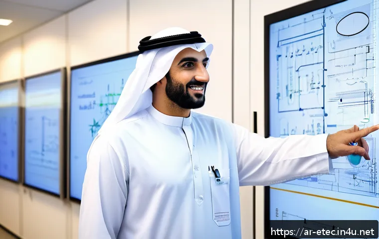 전자기술사와 자격 취득 동기 부여 사례 - A professional Arab electrical engineer in modern office attire, confidently presenting a detailed s...