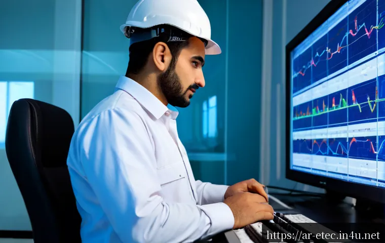 전자기술사와 데이터 분석 기술 - Photorealistic Middle Eastern electrical engineer in a modern Gulf-region control room, wearing mode...